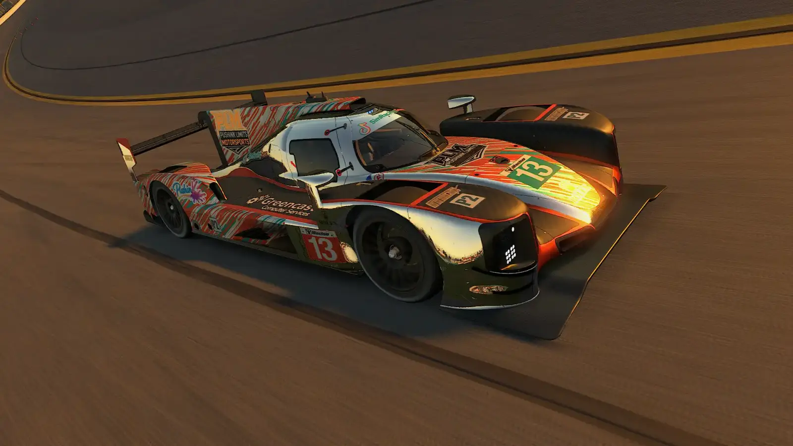 Custom iRacing livery for Dallara P217 LMP2: chrome with orange and teal brushstroke stripes