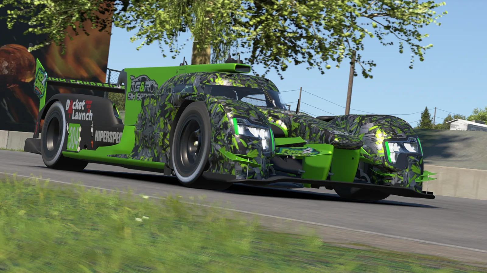 Custom iRacing livery for Dallara P217 LMP2: green and grey shard camouflage with bright green panels
